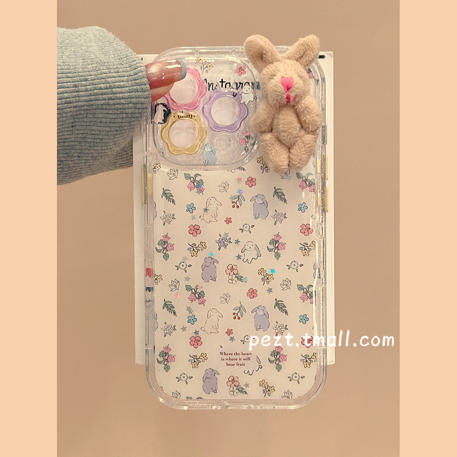 彩色花朵立体兔子手机壳新款
