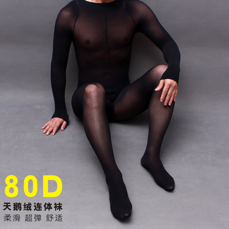 男士性感天鹅绒丝袜80D带jj套款连身袜情趣连体衣女全身袜连体袜