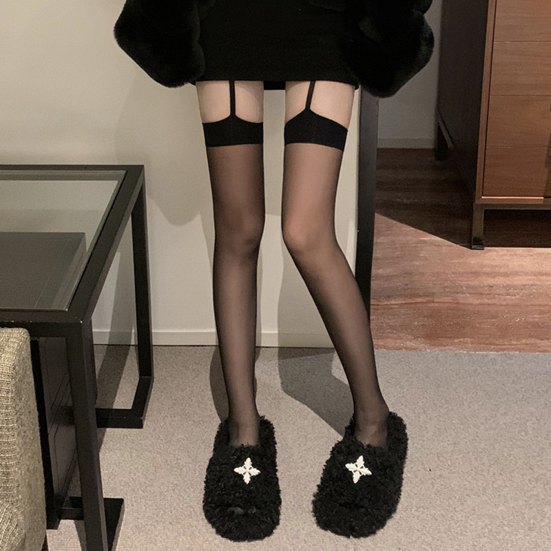 网红黑色蕾丝一体吊带袜黑丝袜薄款防勾丝性感过膝高筒长筒袜纯欲