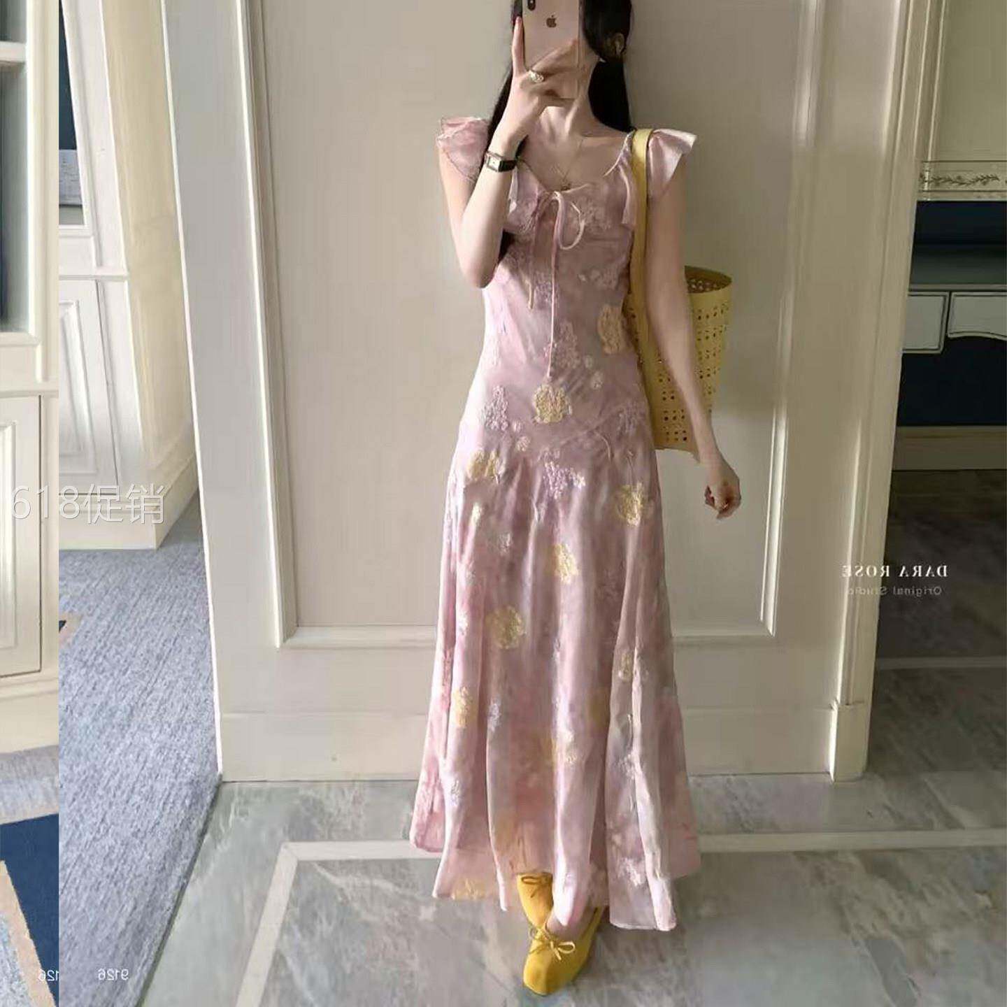 DARA ROSE粉色吊带洋装女夏季刺绣包臀碎花裙修身小个子长裙子