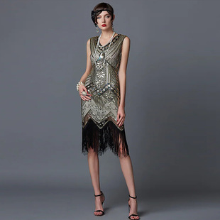 盖茨比晚礼服宴会礼服流苏1920复古亮片连衣裙亚马逊大码女装代发