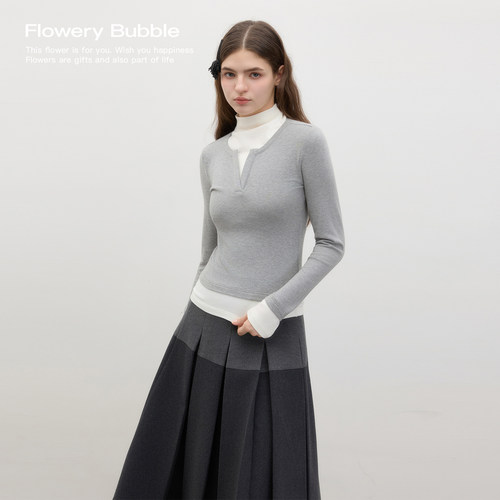 Flowery Bubble泡沫花市「极简主义」假两件叠穿修身针织打底T恤