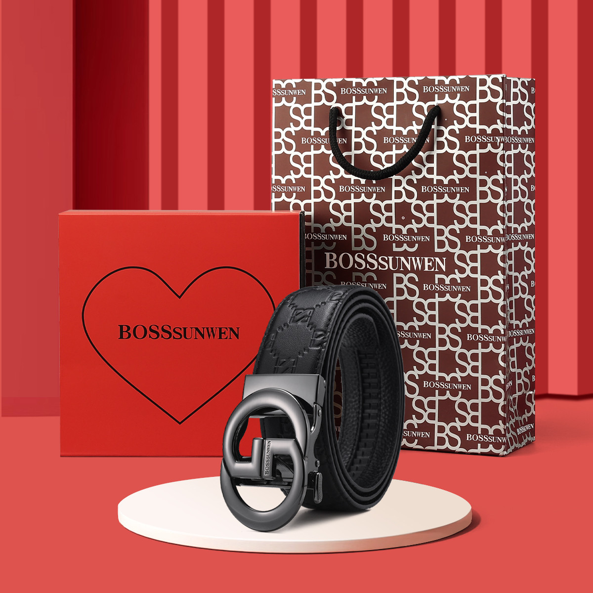 博斯绅威专柜同款大牌双G扣时尚品牌潮男皮带真皮腰带裤带礼盒装