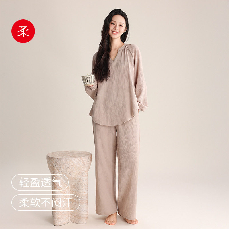 夏秋款女士双层纱睡衣V领套头长袖简约优雅宽松可外穿家居服套装