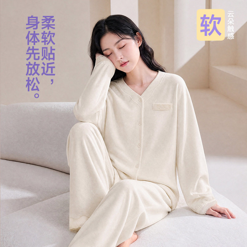 海岛绒女秋冬保暖睡衣套装
