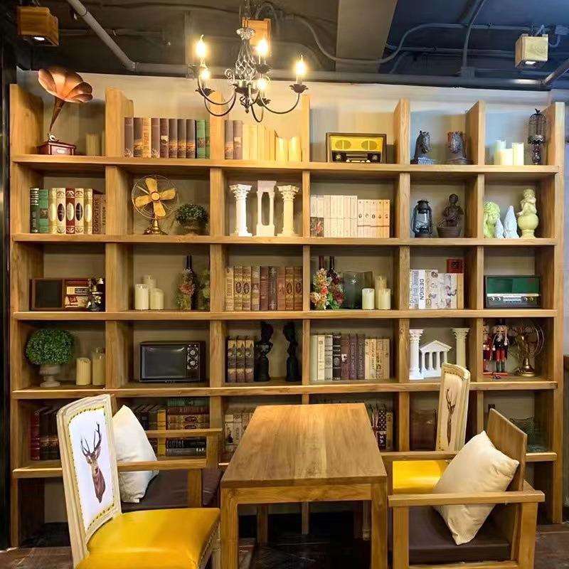 简约实木落地全墙满墙书架隔断吊柜家用榆木置物架壁挂式阅读书架