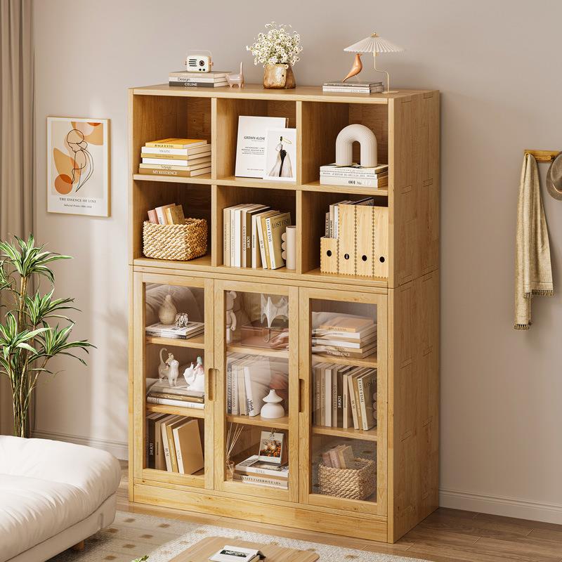 全实木收纳储物柜子书架带门自由组合床尾杂物柜落地家用防尘书柜