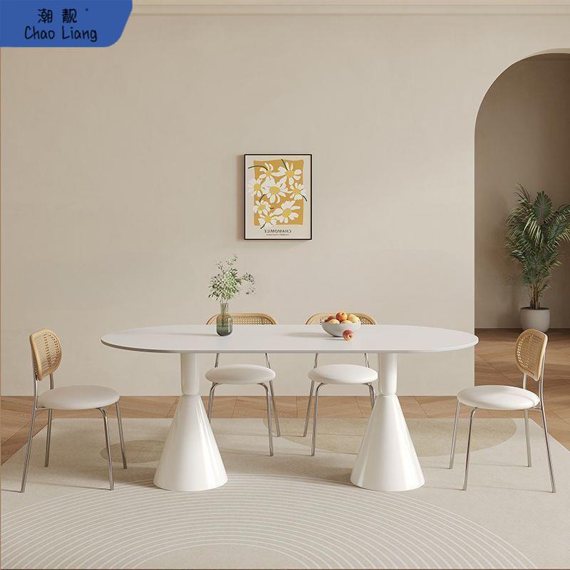 奶油风白色岩板餐桌椅网红组合北欧现代简约家用小户型椭圆形桌子
