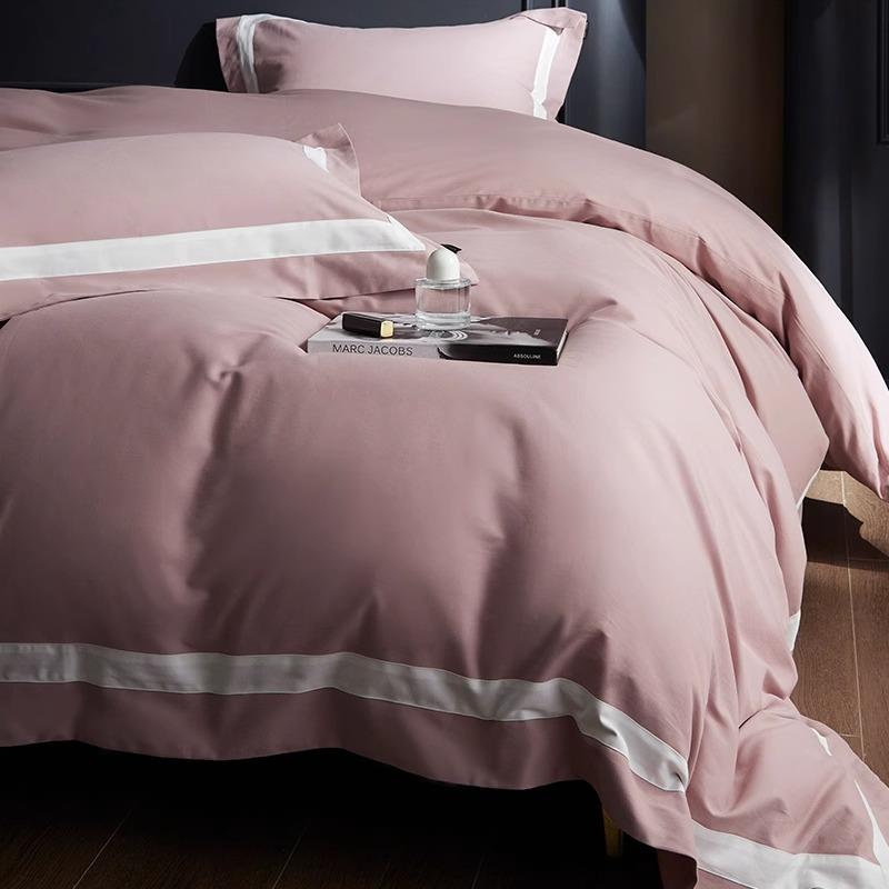 1秋冬磨毛纯色简约100支全棉四件套长绒棉被套床单素色拼边1.8床