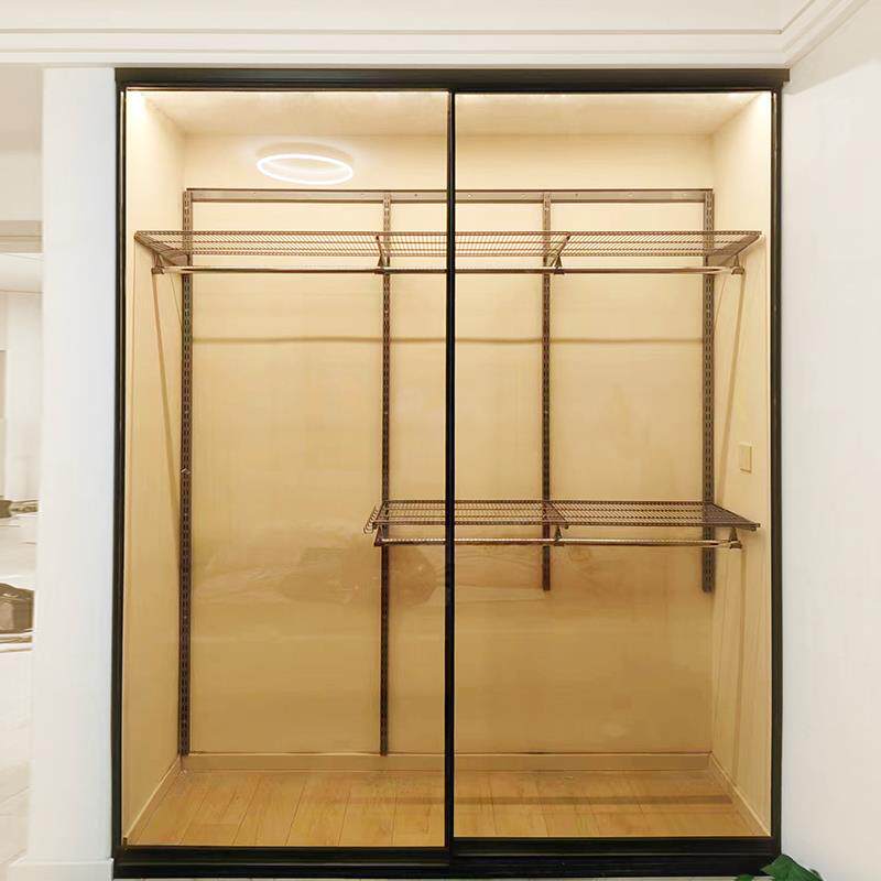 K8金属衣帽间钢化玻璃推拉门衣柜钢制衣柜定制玻璃
