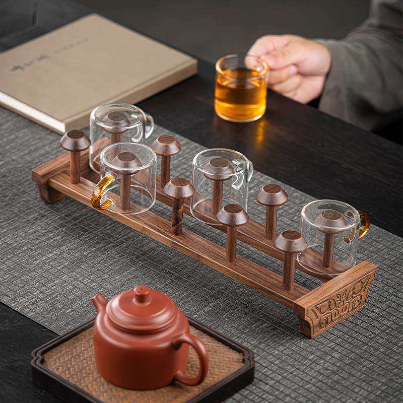 胡桃木置物茶杯架子实木茶道配件家用茶具功夫晾杯沥水收纳配件