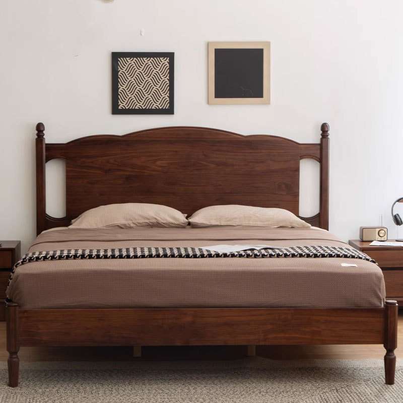 北欧复古黑胡桃木实木床双人 1.8米美式复古全实木樱桃木原木大床