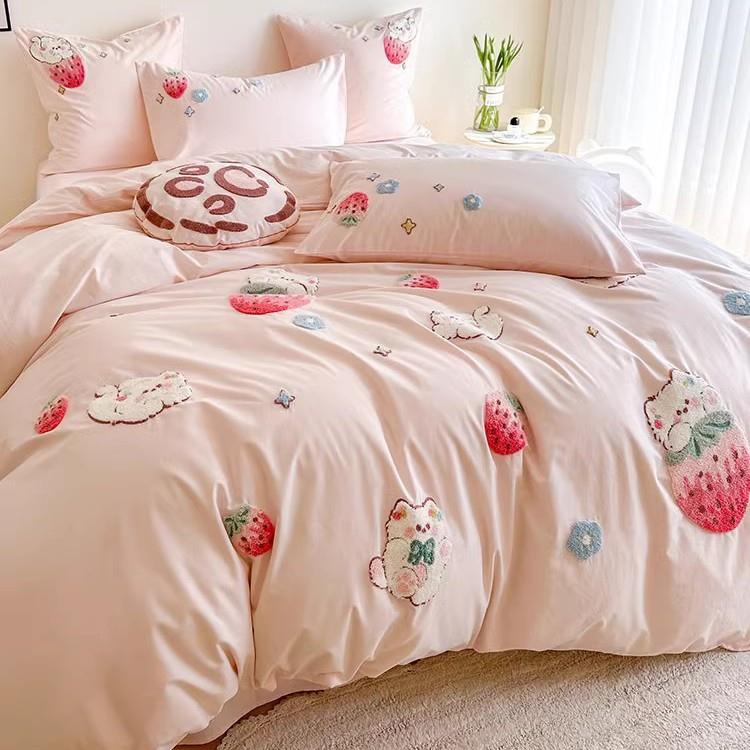 少女心四季全棉水洗棉四件套可爱草莓猫刺绣纯棉被套柔软床上用品