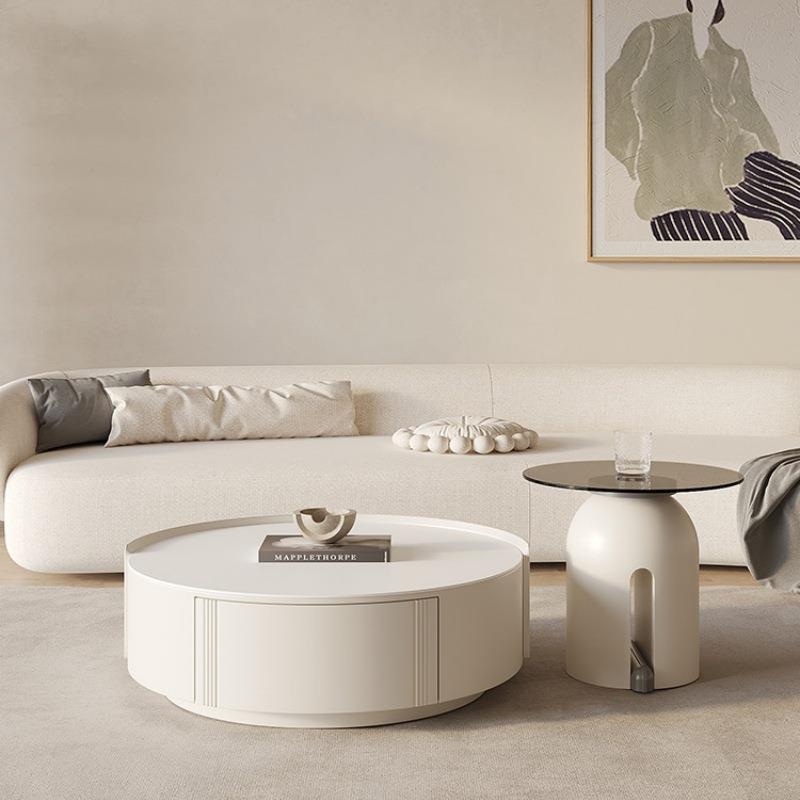 奶油风网红大小圆形岩板石茶几现代简约客厅家用小户型高级设计感