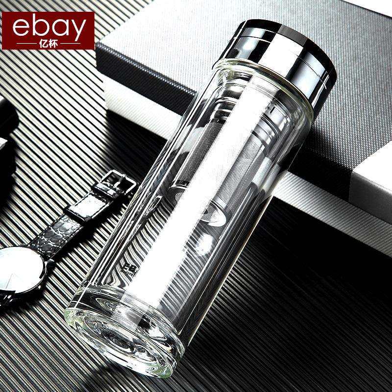 商务双层加厚玻璃杯男女带盖过滤防烫水晶透明办公开水茶杯子刻字