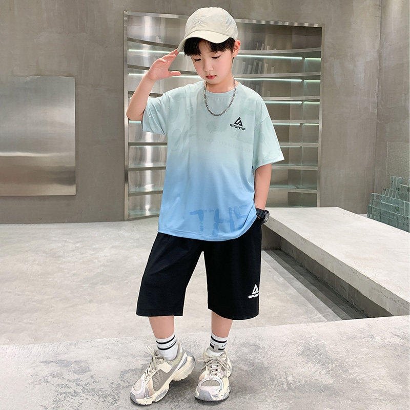 全棉纯棉男童夏季套装2026新款洋气中大儿童夏装运动渐变冰丝男孩