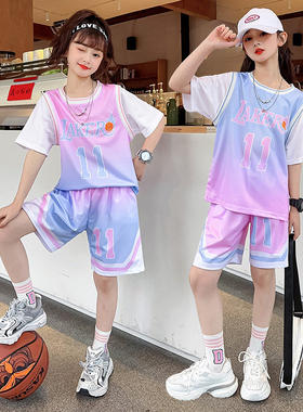 儿童夏季女童篮球服套装11号短袖球衣中大童速干运动服假两件童装