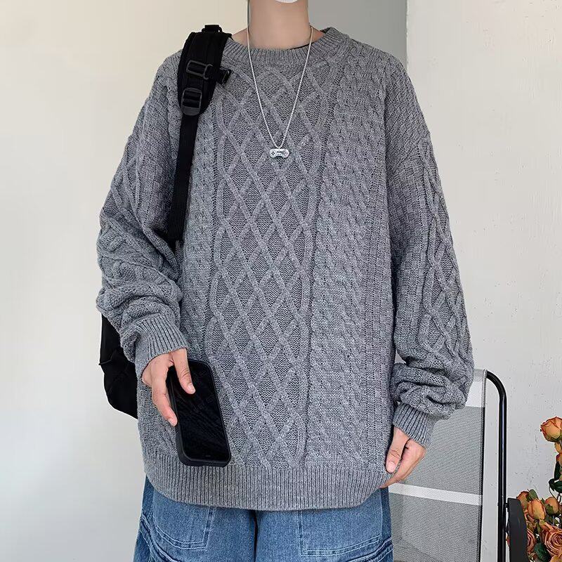 冬装新品男士毛衣麻花设计感圆领套头针织衫学生复古线衣休闲外套