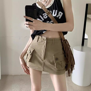 复古美式工装牛仔短裤女夏季2023新款高腰显瘦设计感辣妹外穿裙裤