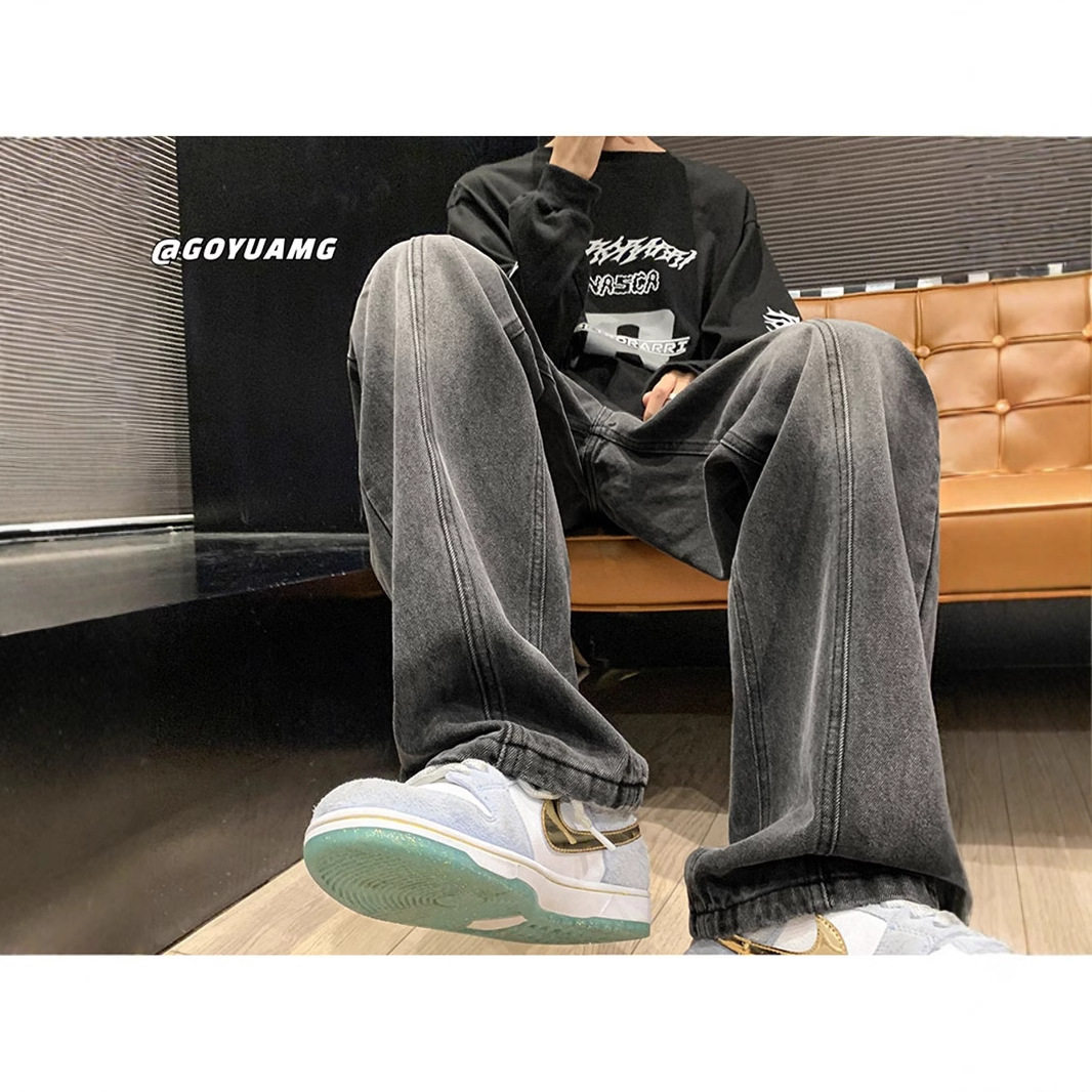 美式hiphop裤子冬季潮牌高街潮黑灰色牛仔裤男宽松直筒垂感阔腿裤