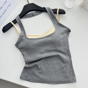 2024夏季假两件挂脖吊带背心女外穿带胸垫欧美热辣上衣高级感