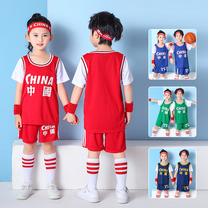 幼儿园中小学生比赛套装训练服 男女童儿童假两件短袖篮球服印制