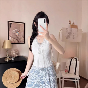 夏季纯欲V领吊带带胸垫蕾丝花边拼接美背背心文胸一体式无袖上衣
