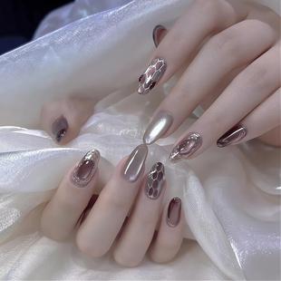 纯手工穿戴甲爆款香槟色猫眼蛇头格纹布拉契提轻奢爆闪美甲