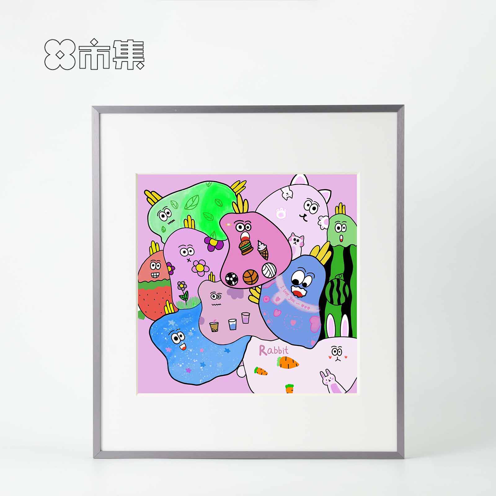 x市集 少儿插画作品《大眼儿瞪小眼儿》可爱女孩儿童房挂画装饰画