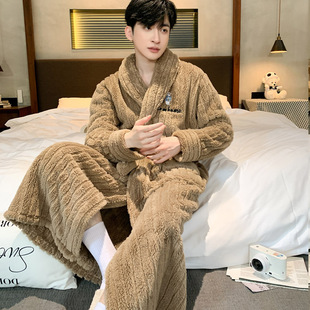 全棉纯棉睡衣男士睡袍男款春秋冬季加厚加绒法兰绒浴袍长款浴衣