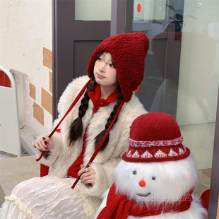 韩系新年圣诞毛绒雷锋帽子女秋冬季保暖红色巫女包头帽可爱护耳帽