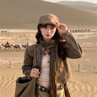 复古废土风棕色贝雷帽女洋气时尚显脸前进帽大西北旅游小透气帽子