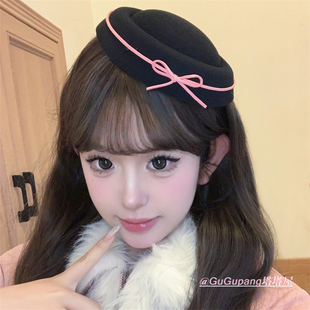 韩系黑色丝绒蝴蝶结小礼帽复古赫本英伦风圆顶发饰jk少女水手帽子
