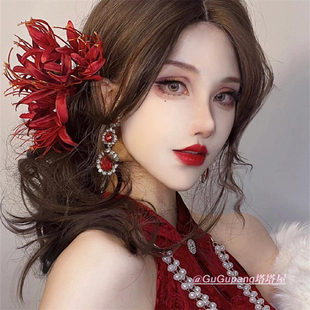 古风新中式红色彼岸花发夹超仙仿真花朵侧边夹旗袍头花新年发饰品