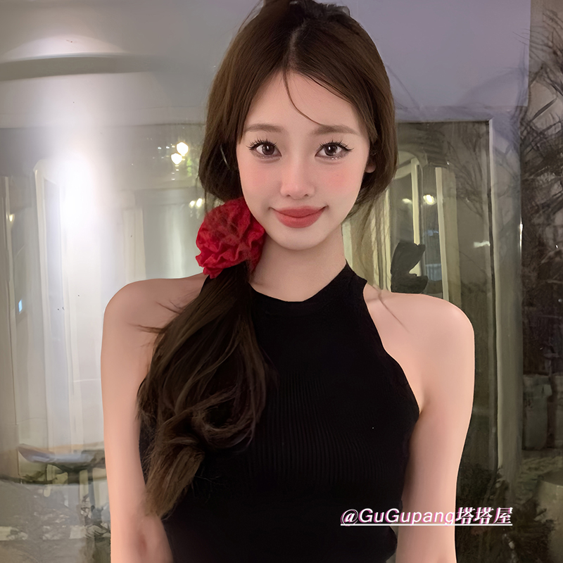 超温柔显白红色玫瑰花发圈