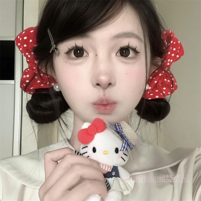 元气可爱酒红色波点蝴蝶结发夹