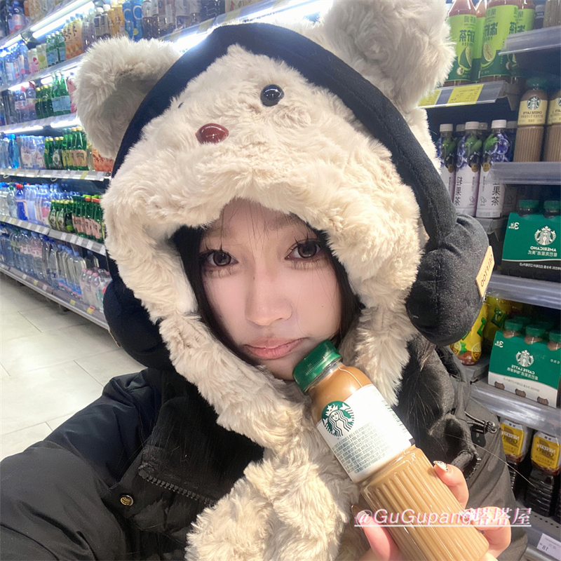 可爱耳机小熊帽子围巾一体