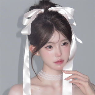 白色垂耳兔蝴蝶結(jié)頂夾甜美少女芭蕾風(fēng)飄帶發(fā)夾子大絲帶發(fā)夾發(fā)飾