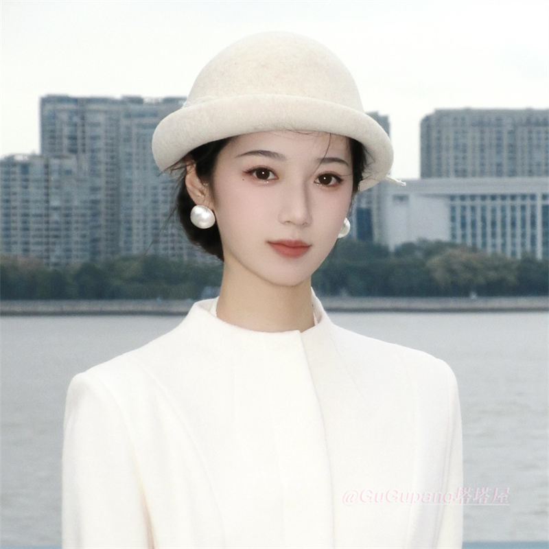 白色羊毛蕾丝蝴蝶结礼帽