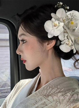 超仙纯欲白色蝴蝶兰发夹甜美高级感新中式仿真花朵侧边夹新娘发饰