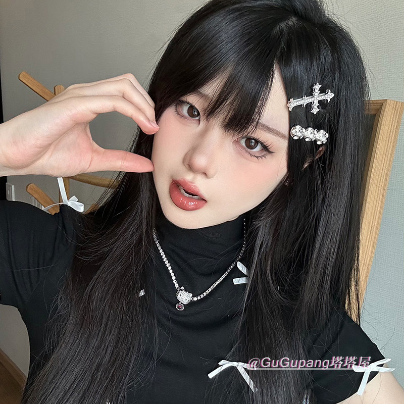 甜心辣妹十字架水晶发夹甜酷y2k小花朵钻石侧边夹原宿亚文化发卡