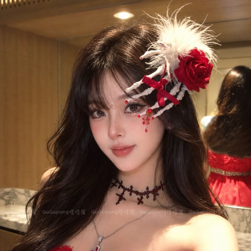 万圣节血色玫瑰骷髅手爪发夹暗黑cos骸骨魔女羽毛边夹子发饰道具