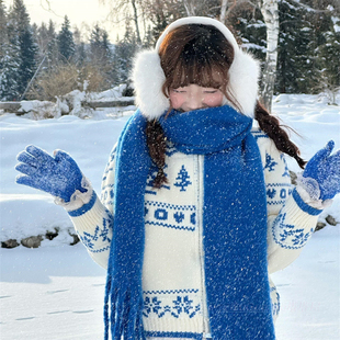 蓝色围巾克莱因蓝仿羊绒披肩女款冬季围脖2025新款秋冬韩系氛围感