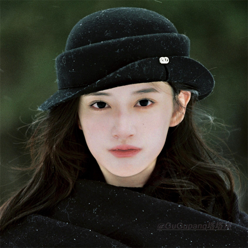 赫本风黑色羊毛帽子冬季