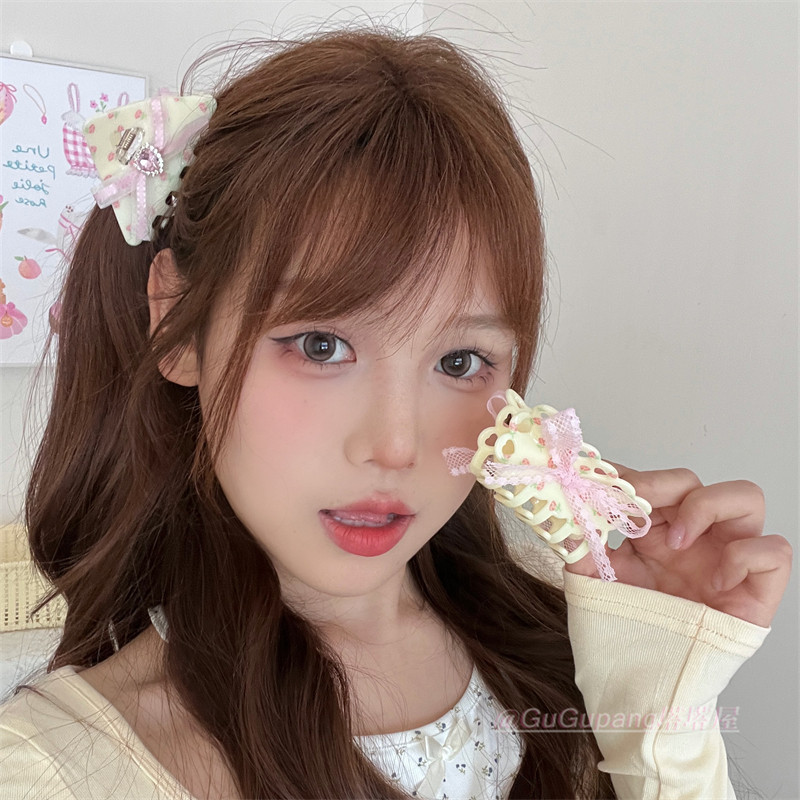 奶油风丝带小碎花蝴蝶结抓夹甜美温柔后脑勺盘发鲨鱼夹