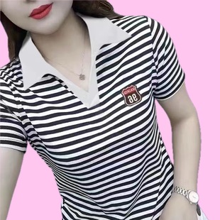 夏季 t恤女POLO上衣时尚 新款 短袖 百搭翻领体恤女大码 中年妈妈小衫