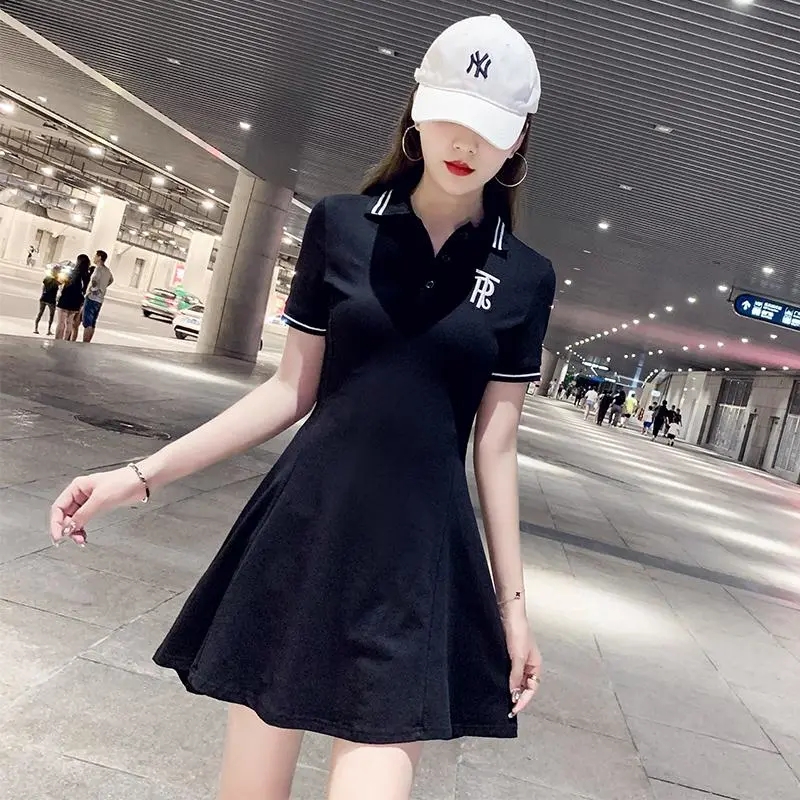 polo领连衣裙女收腰显瘦小个子2025夏季新款韩版时尚休闲a字t恤裙