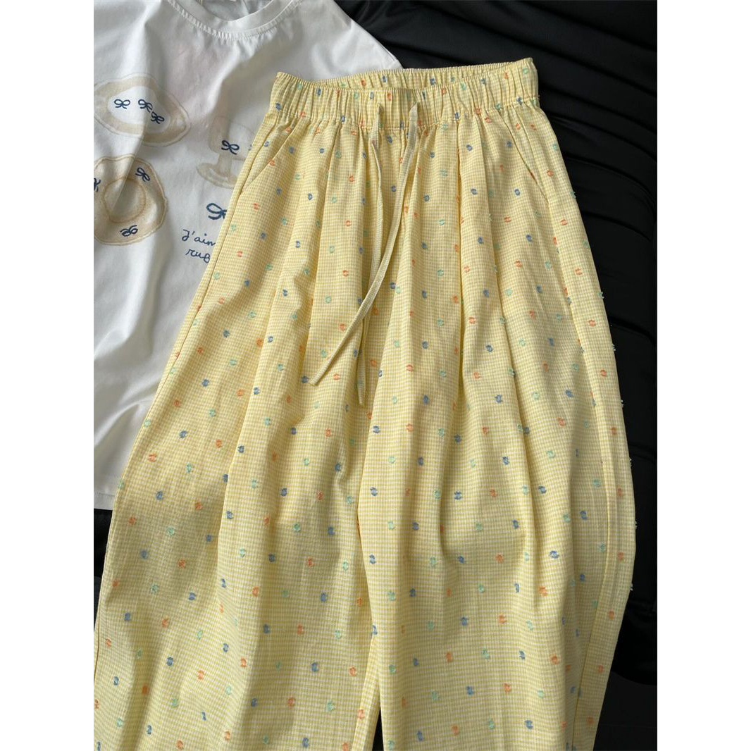 夏季甜美彩色波点格纹阔腿裤女新款高腰休闲修身显瘦直筒拖地长裤