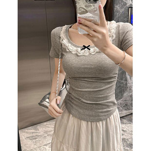 40支1X1螺纹人棉260克 t恤女显瘦不规则U领上衣 蕾丝花边修身 短袖