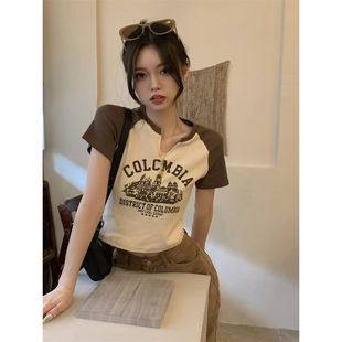 复古短款 9921 T恤女夏甜辣美式 辣妹V领短袖 坑条